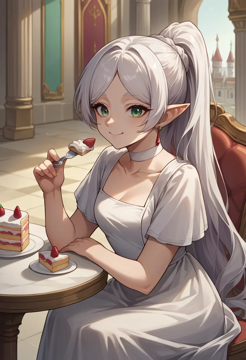 score_9, score_8_up, source_anime, 1girl, solo, FrierenDress, green eyes, white hair, long hair, ponytail, earrings, white choker, white dress, short sleeves, sitting on chair, indoors, palace, table, strawberry shortcake, eating cake, holding fork, smile, <lora:ChamFrierenPonyXL:1>