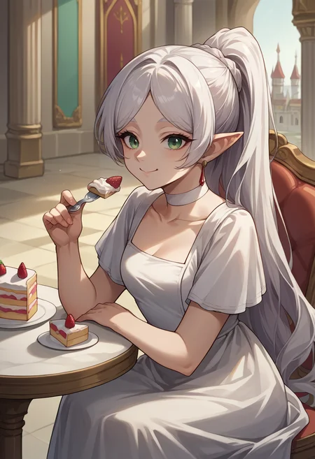 score_9, score_8_up, source_anime, 1girl, solo, FrierenDress, green eyes, white hair, long hair, ponytail, earrings, white choker, white dress, short sleeves, sitting on chair, indoors, palace, table, strawberry shortcake, eating cake, holding fork, smile, <lora:ChamFrierenPonyXL:1>