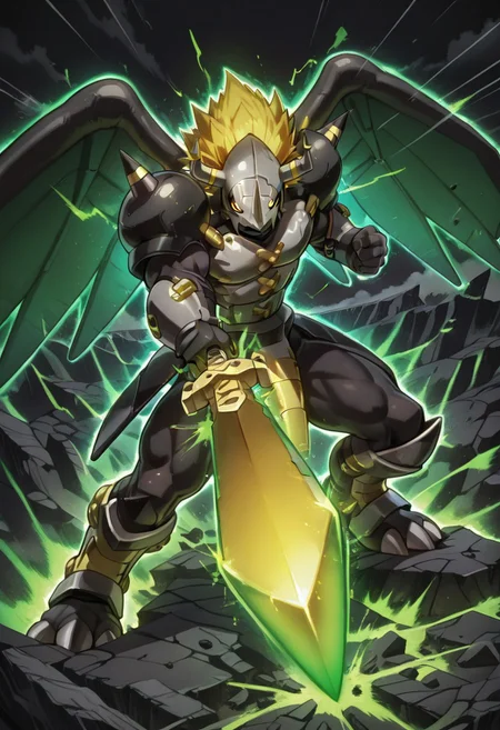 masterpiece, best quality,   
 (golden broadsword:1), 
zzBlckWrgrymn, solo, no humans, horns, armor, helmet, blonde hair, spikes, yellow eyes, 1boy, male focus, monster, robot, shoulder pads, mask,  wings, dynamic pose,   incoming attack, foreshortening, dynamism, motions lines, green aura, serious, green plain, black sky, cloud, smashed ground, rocks floating, side view, muscular, glowing, muscular male, clenched hand, looking at viewer, glowing eyes, gold eyes,