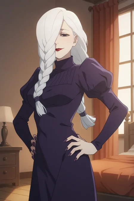 score_9, score_8_up, score_7_up, score_6_up, score_5_up, score_4_up, BREAK source_anime, 1girl, solo,
<lora:MeimeiXL-v1-06:0.8>, ChopioMeiMei, white hair, looking at viewer,
medium breasts, purple nails, long fingernails,
long hair, braided ponytail, hair tie, front ponytail, hair over one eye, purple eyes, red lipstick, half-closed eyes,
outfit_1, purple dress, turtleneck dress, juliet sleeves,
bedroom, standing, seductive smile, hands on own hips,