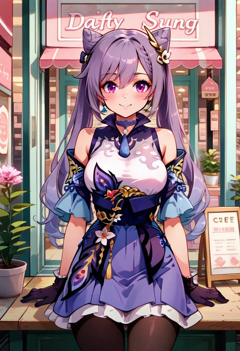 zzKeqing, purple eyes, hair between eyes, cone hair bun, hair bun, hair ornament, long hair, purple hair, twintails, double bun, black pantyhose, dress, bare shoulders, detached sleeves, gloves, frills, skirt,
(sitting at a table, coffee), date,
pnkBldng, tree, window, plant, pink flower, sign, potted plant, pink theme, shop, spring (season), storefront,
,cowboy shot, medium breasts, curvy, smile, looking at viewer, pretty background, dynamic pose,