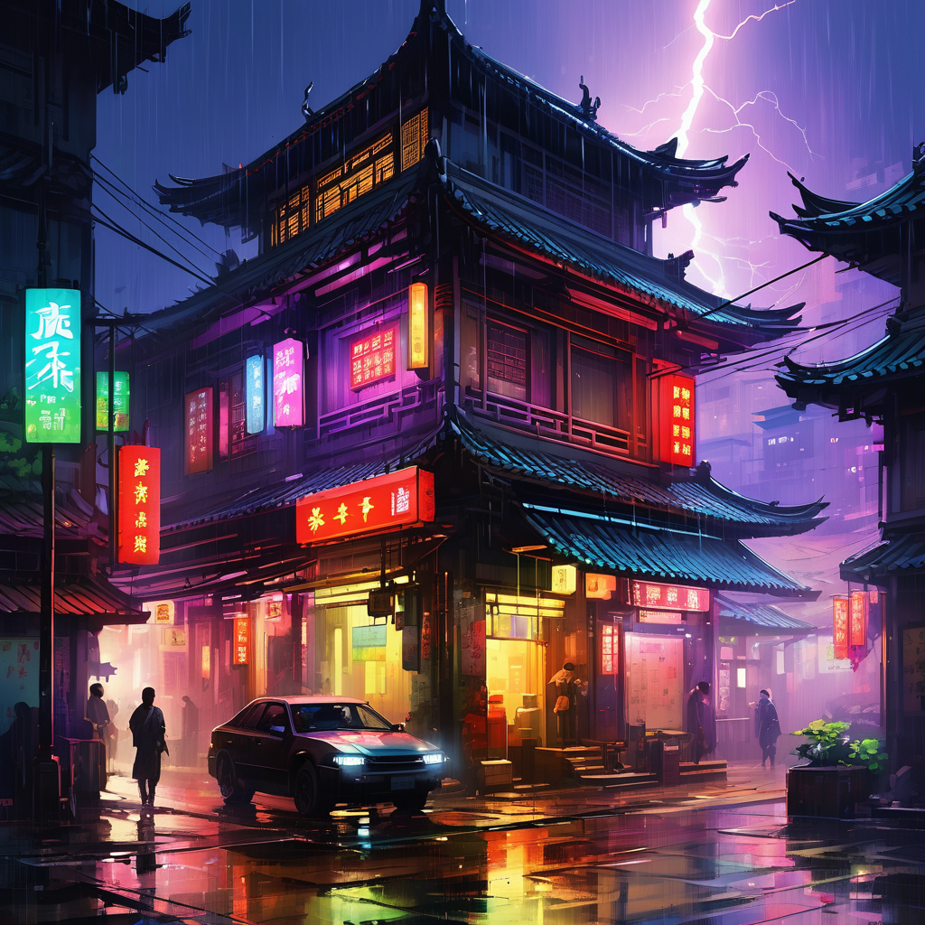 chinese cyberpunk city scene,chinese building,night,neo light,colorful,gowing,bloom,heavy rain,lightning,Fantastic light and shadows,
2d game scene,oil and watercolor painting,<lora:Retro_Illustration:0.85>,