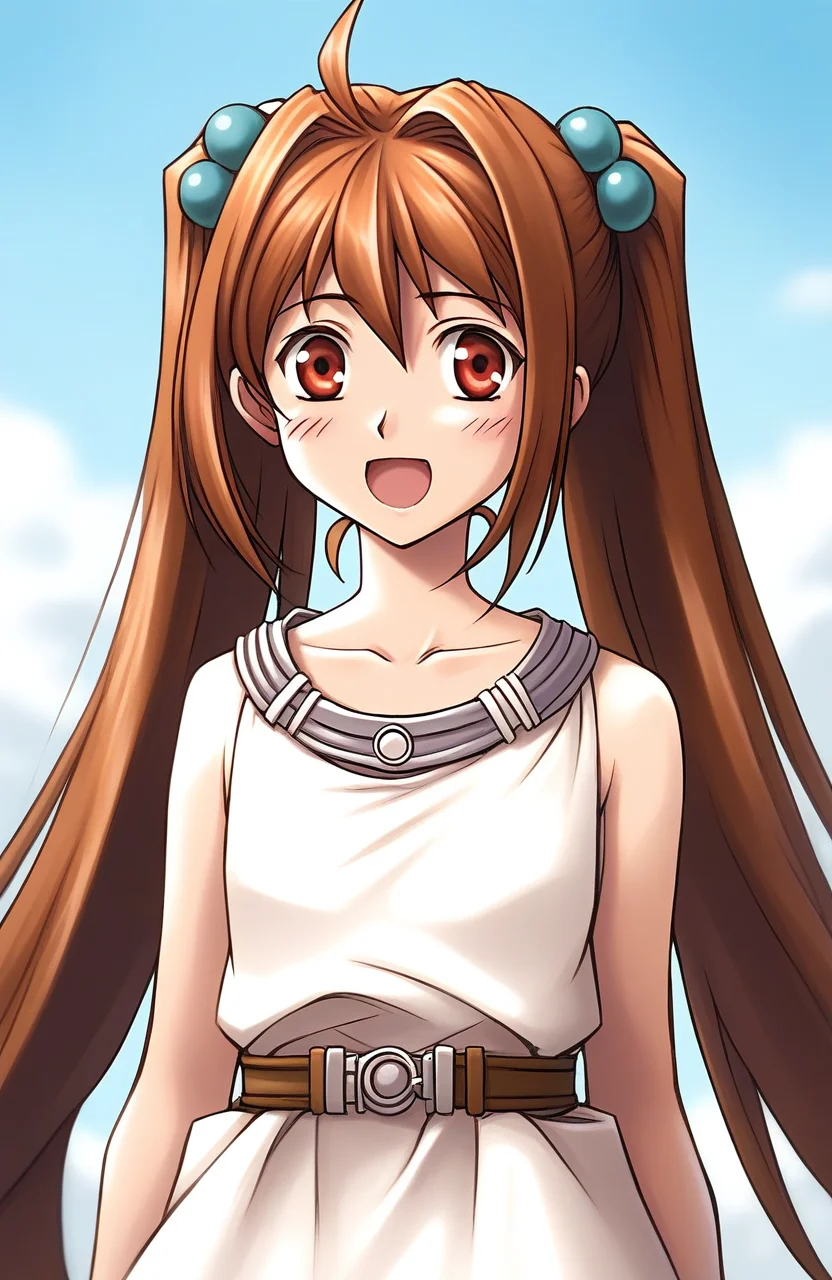 score_9, score_8_up, score_7_up, source_anime, rating_explicit, BREAKã <lora:Estelle_Bright_Retro_XL:1> Estelle_Bright, brown hair, long hair, red eyes, ahoge, brown eyes, very long hair, hair intakes, short stack,
1girl, solo, twintails, blush, hair ornament, hair bobbles, open mouth, dress, belt,
upper body, collarbone, transparent background, white dress
day, outdoor,
looking at viewer,
cowboy_Shot,