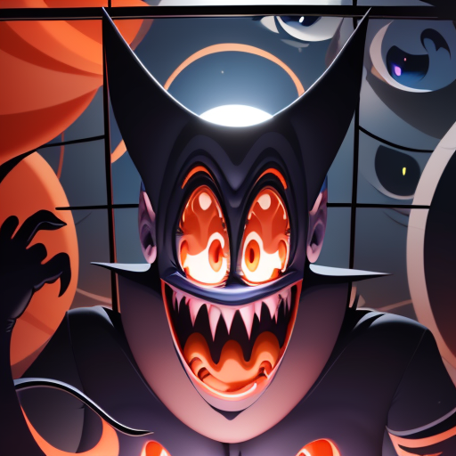 open mouth, solo, sharp teeth, black lips, jewelry, blue eyes, glowing eyes, glowing, orange eyes, window, fat