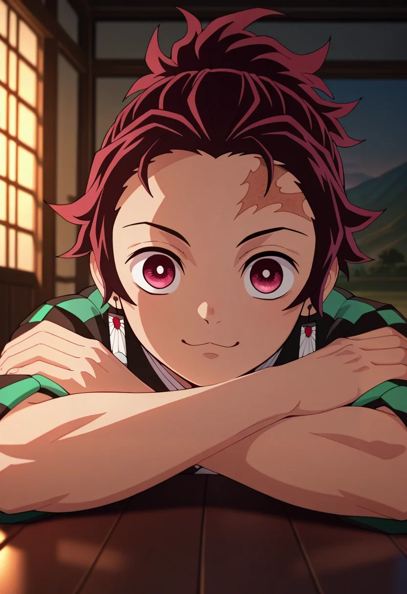 masterpiece, best quality, intricate details, (3d:0.4), looking at viewer, , 1boy, solo, male focus, <lora:tanjirou_kamado_ilxl:0.76>, tanjirou_kamado, 1boy, red hair, red eyes, short hair, scar on forehead, ponytail, close-up, hill, indoors, light, crossed arms, :\3,