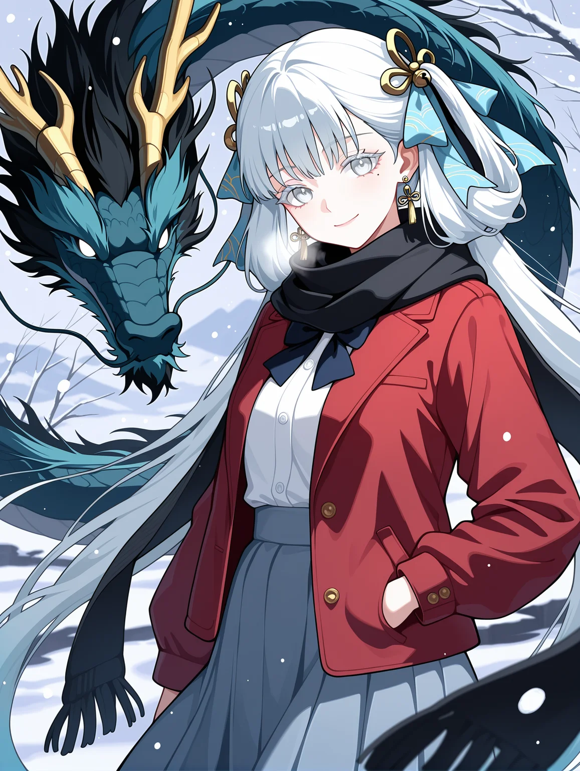 wuthering waves,jinhsi \(wthering waves\),jue \(wuthering waves\),check clothing,1girl,alternate costume,bell,black bow,black bowtie,black scarf,blue bow,bow,bowtie,closed mouth,colored eyelashes,dragon,earrings,eastern dragon,hair bell,hair bow,hair ornament,jacket,jewelry,long hair,looking at viewer,mole,mole on cheek,red jacket,scarf,smile,snowing,solo,two side up,very long hair,white eyelashes,white eyes,white hair
,masterpiece,best quality,amazing quality,