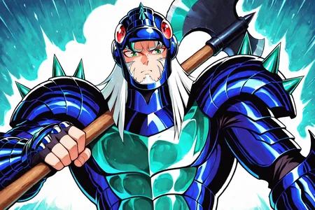 masterpiece,best quality,amazing quality, hatching (texture), FMIXF, vibrant details, vibrant colors, SSTHR, 1boy, male focus, toned male, medium hair, white hair, beard, green eyes, blunt cut, (phecd helmet, red eyes), chin guard, teal spikes, phecd armor, fingerless gauntlets, upper body, axe, holding axe, solo