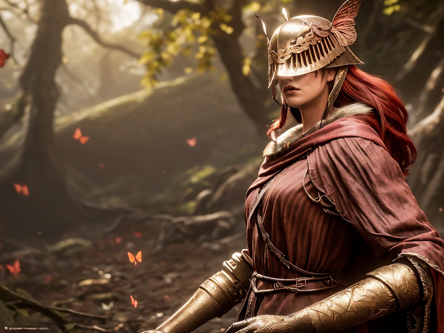 (eldenring\(type2\):1.8), eldenring\(malenia\), (8k, RAW photo, best quality, masterpiece:1.2), (realistic, photo-realistic:1.37),helmet, beautiful face, beautiful eyes, very long hair, 1girl, beautiful face, (long red cape:1.3), solo, mecha right arm, mecha left leg, (cursed_left_arm), very long hair, red hair, red cape, dress, covered eyes, closed mouth, upper body,(right hand prosthesis:1.3), (((left hand is nature))), ((prosthesis left leg:1.2)),(right leg is nature:1.1), weapon, holding blade, face to the viewer, malenia_blade, tattoo, ((butterfly)),((bug)), from side, butterfly wings