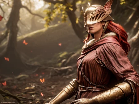 (eldenring\(type2\):1.8), eldenring\(malenia\), (8k, RAW photo, best quality, masterpiece:1.2), (realistic, photo-realistic:1.37),helmet, beautiful face, beautiful eyes, very long hair, 1girl, beautiful face, (long red cape:1.3), solo, mecha right arm, mecha left leg, (cursed_left_arm), very long hair, red hair, red cape, dress, covered eyes, closed mouth, upper body,(right hand prosthesis:1.3), (((left hand is nature))), ((prosthesis left leg:1.2)),(right leg is nature:1.1), weapon, holding blade, face to the viewer, malenia_blade, tattoo, ((butterfly)),((bug)), from side, butterfly wings