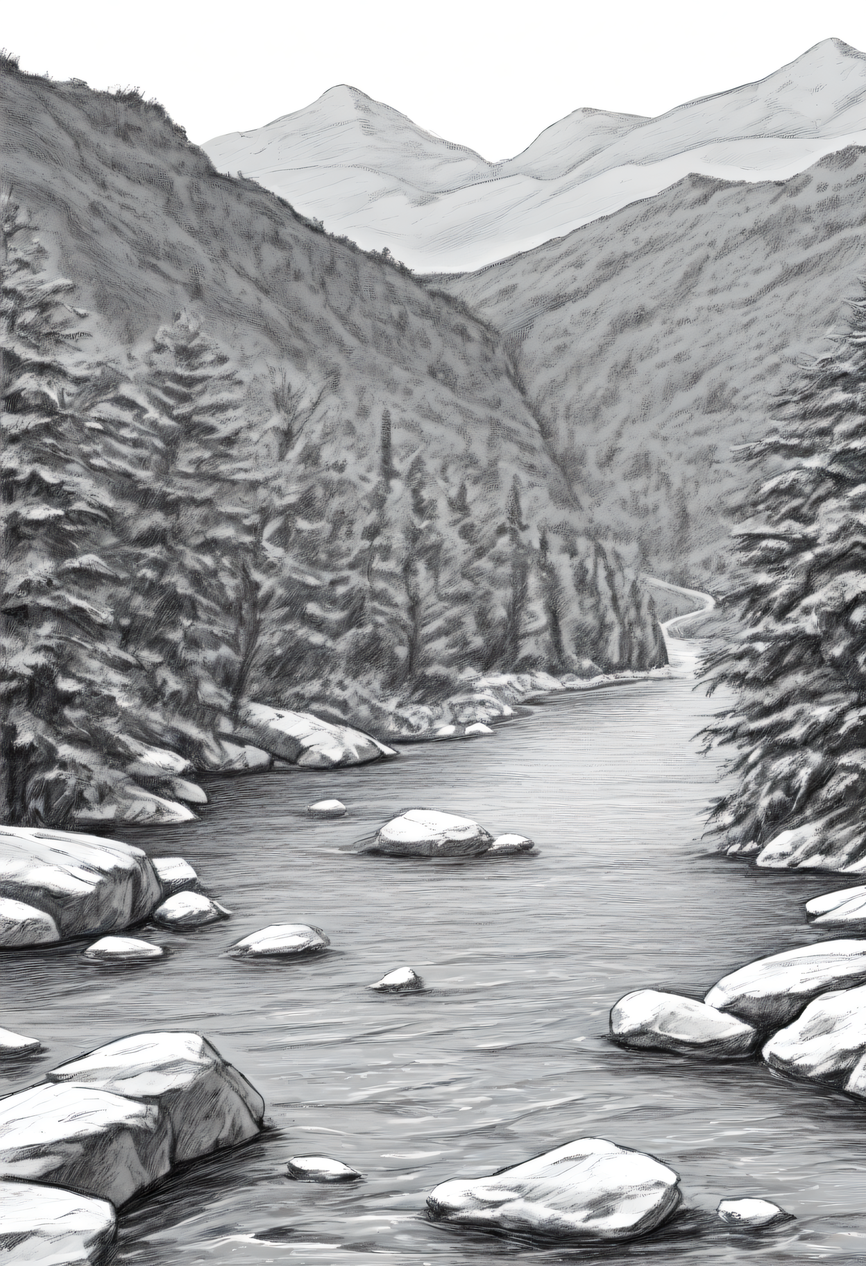 <lora:SketchArt_Epoch_10:1.0>, greyscale, monochrome, sk3tch, no human, mountain, river, stone, tree, very awa, masterpiece, best quality, highres, absurdres