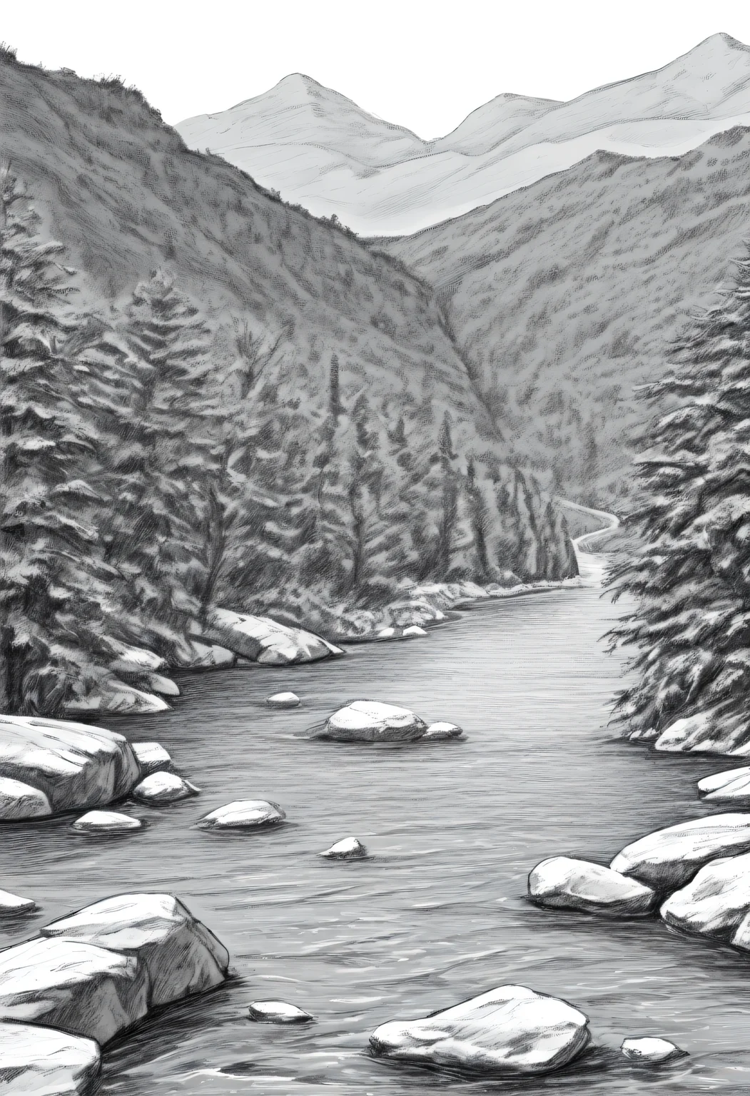 <lora:SketchArt_Epoch_10:1.0>, greyscale, monochrome, sk3tch, no human, mountain, river, stone, tree, very awa, masterpiece, best quality, highres, absurdres