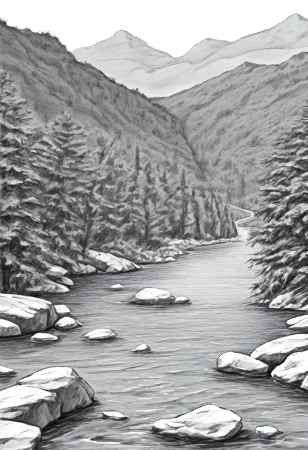 <lora:SketchArt_Epoch_10:1.0>, greyscale, monochrome, sk3tch, no human, mountain, river, stone, tree, very awa, masterpiece, best quality, highres, absurdres