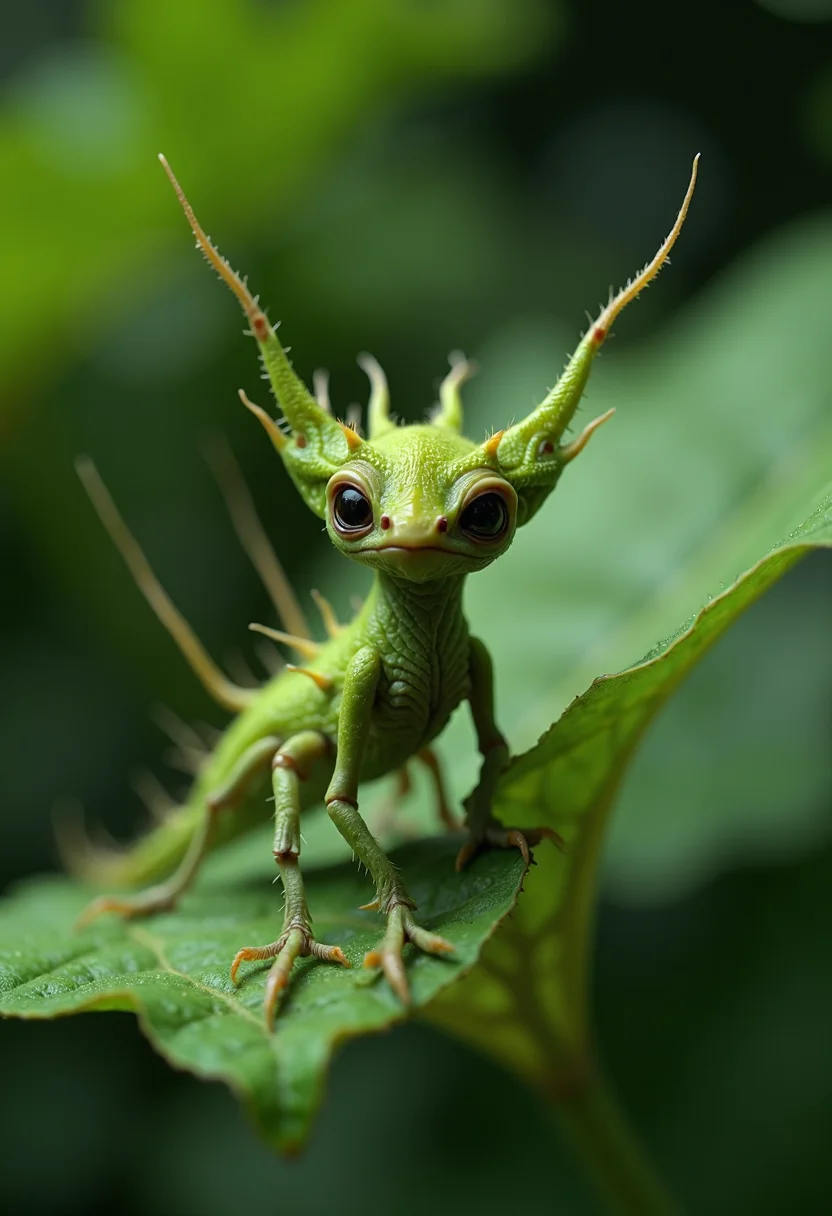 cinematic film still Extraordinary portrait of microscopic unknown little small adorable alien species over green leaf style of high alien fashion professional photography, 8k, beauty . shallow depth of field, vignette, highly detailed, high budget, bokeh, cinemascope, moody, epic, gorgeous, film grain, grainy