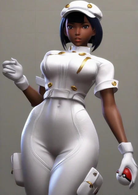 1girl, aether foundation employee, score_9, score_8_up, score_7_up, score_6_up, score_5_up, score_4_up, realistic, huge breast, 3d, aether foundation uniform, ass visible through thighs, black hair, breasts, cabbie hat, covered navel, dark-skinned female, dark skin, gloves, grey eyes, hand on headwear, hat, holding, holding poke ball, jumpsuit, looking at viewer, parted lips, poke ball, pouch, short hair, short sleeves, solo, thigh gap, thigh pouch, white gloves, white hat, white jumpsuit, white uniform,  zPDXL3,<lora:Street_Fighter_6:1>