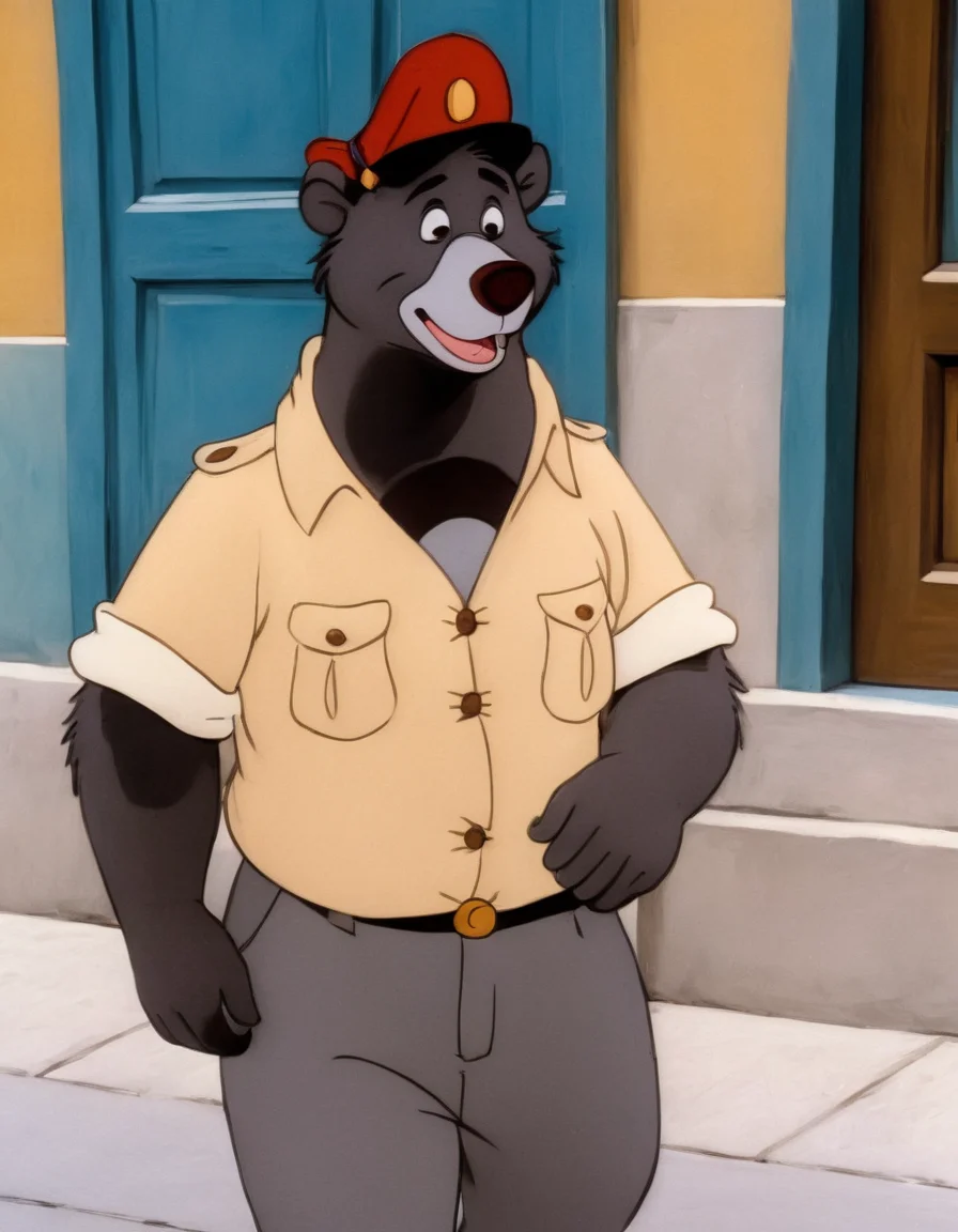 disney style cartoon, <lora:TaleSpin_-_Baloo_2:0.8> 1boy, bear baloo, cartoon, face, furry, hat, male focus, peaked cap, red headwear, solo, yellow shirt, (candy world of disney:1.4),( in art style Picasso:1.2), walking on the street, (comedic photograph of the year), screenshot from the 1983 film,