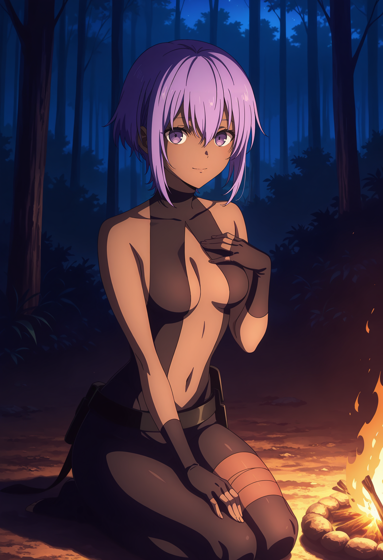 anime screencap, masterpiece, best quality,
<lora:FateGrandOrder_DivineRealm_HassanOfTheSerenity_IlluXL:0.9>,
1girl, solo, closed mouth, light smile,
dark-skinned female, short hair, hair between eyes, purple hair, purple eyes,
black bodysuit, sleeveless, center opening, cleavage, small breasts, fingerless gloves, black belt, bandaged leg,
hand on own chest, sitting, seiza, looking at viewer,
campfire, night, dark, forest