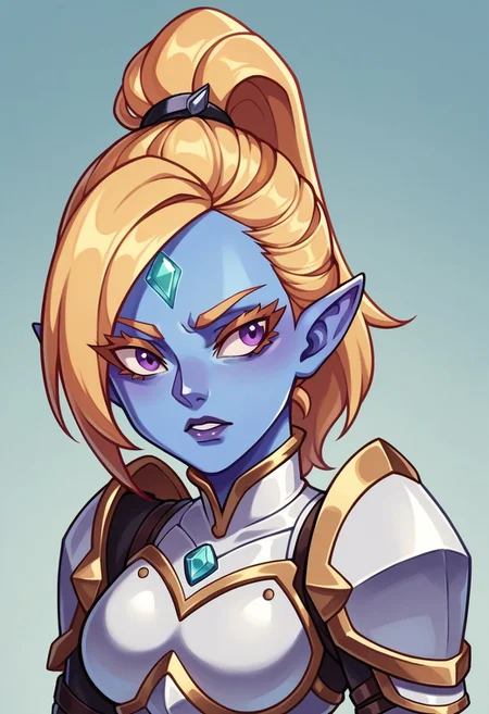 score_9, score_8_up, score_7_up, score_6_up, BREAK
portrait, <lora:Sova_-_Sovalin_Maliana_Subverse:0.7> sovalin-dh, shortstack, blue skin, pointy ears, ponytail, blonde, purple eyes, long eyelashes, forehead jewel, armor