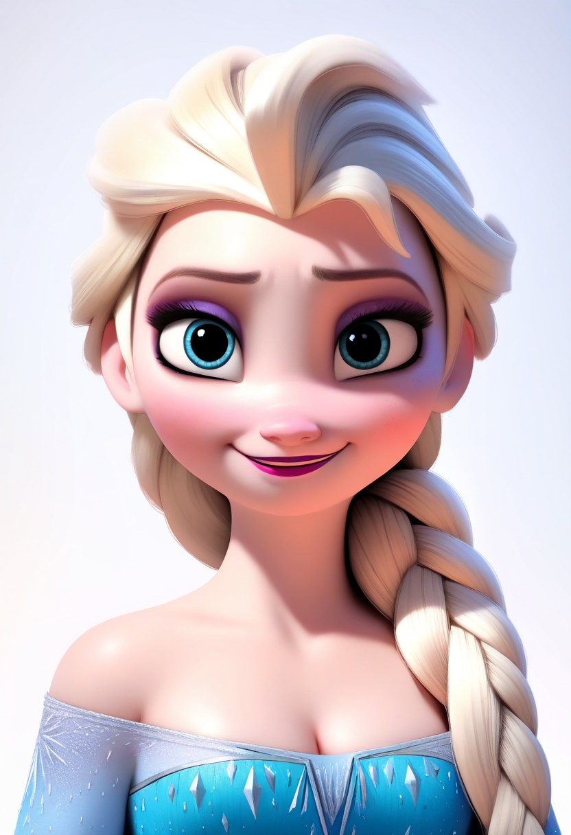 best quality, amazing quality, very aesthetic, absurdres,
BREAK
1girl, elsa \(frozen\), blonde hair, hair over shoulder, long hair, blue eyes,
blue dress, bare shoulders, cleavage, makeup,
smile, looking at viewer, solo, simple background, white background,   <lora:ElsaNoobXL_byKonan:1>