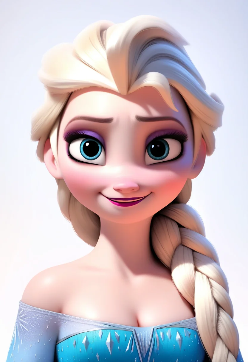 best quality, amazing quality, very aesthetic, absurdres,
BREAK
1girl, elsa \(frozen\), blonde hair, hair over shoulder, long hair, blue eyes,
blue dress, bare shoulders, cleavage, makeup,
smile, looking at viewer, solo, simple background, white background,   <lora:ElsaNoobXL_byKonan:1>