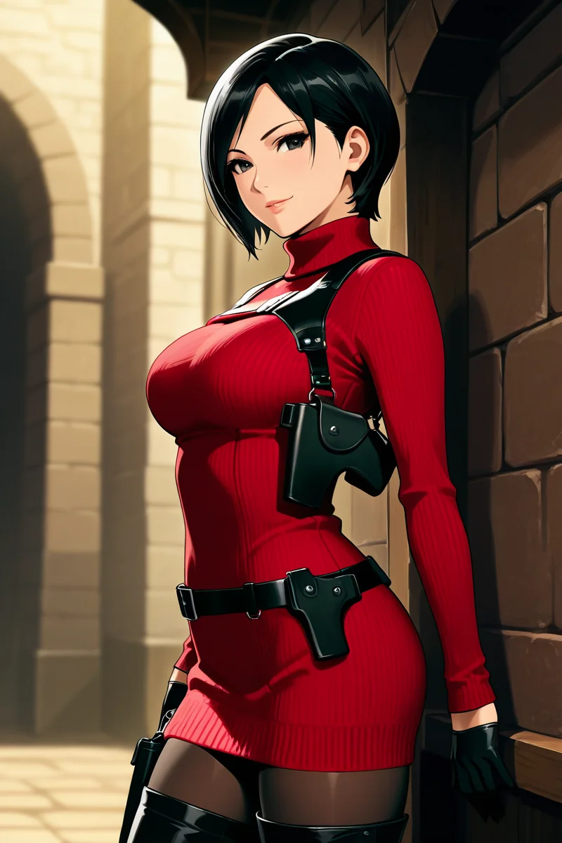 <lora:ada_wong_re_illus:0.7> ada wong, black hair, short hair, black eyes, large breasts, red sweater, turtleneck, chest harness, pantyhose, black gloves, half gloves, black belt, pistol holster, 1girl, solo, looking at viewer, smile, thighhighs, jewelry,  standing, weapon, boots, belt, black footwear, lips, gun, thigh boots, bob cut, high heel boots, sweater dress, thigh holster,  shoulder holster, black thighhighs, anime coloring, pistol holster on belt, medieval cities, more detail, cowboy shot, side view,