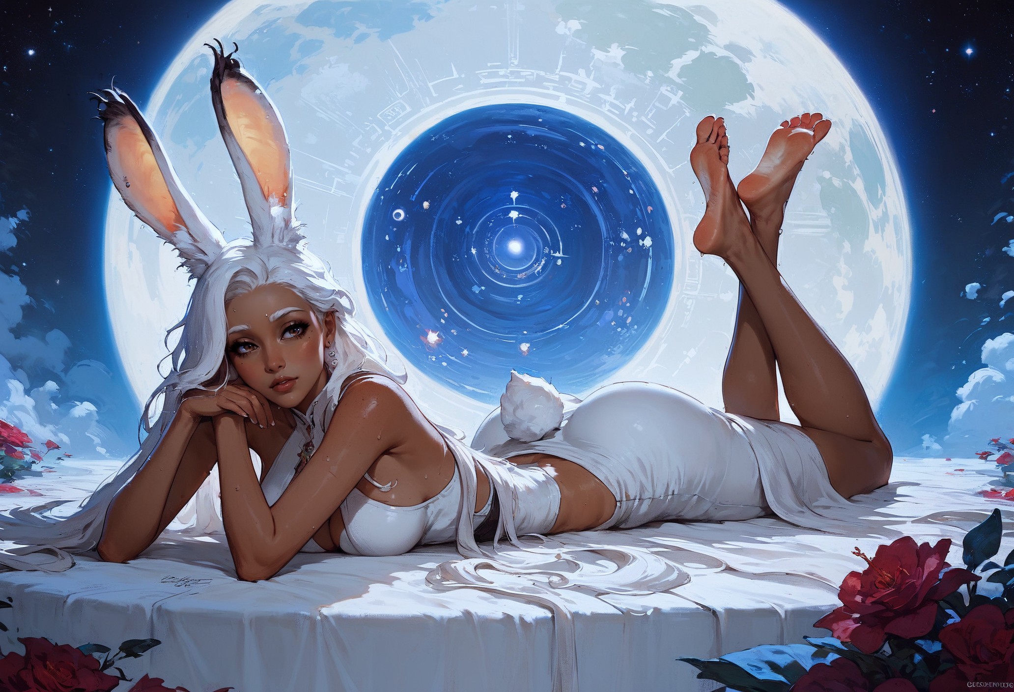 score_9, score_8_up, score_7_up,  rating_questionable, 20yo girl, 1girl, viera, solo, tall, white dress, red trim, a woman with white hair, Brom, beautifully backlit, fantasy art, dark skin, long hair, rabbit ears, white hair, space traveler, galactic, otherworldly, ethereal, atmospheric, galaxy, sweat, full body, romantic, laying on stomach, feet, soles, laying on stomach, view from behind, view from below, looking away  <lora:pony/twilight_style:0.8> <lora:pony/expressiveh:0.8> expressiveh