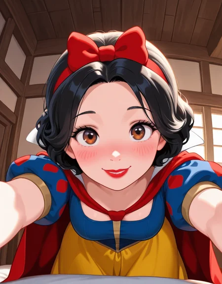 masterpiece, best quality, amazing quality, very aesthetic, absurdres, newest, detailed background, 4k, 8k, indoors,
snowwhitexd, 1girl, solo, medium breasts, short hair, black hair, lips, red lips, smile, blue shirt, puffy sleeves, short sleeves, yellow skirt, red hairbow, looking at viewer, cute pose, dynamic angle, brown eyes, red cape, blush,
<lora:Snow_White_-_Disney_Illustrious:1>