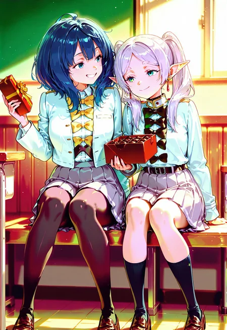 score_9, score8_up, score_7_up, source_anime, masterpiece, best quality, amazing quality, 2girls, cute girls, hugging, happy, smiling, looking at each other, full of love, detailed hand, indoors, in classroom, detailed background, cinematic lighting
BREAK frieren, holding box of chocolate, white dress, white hair, tie, pantyhose, pleated skirt, grey skirt
BREAK anna-default, yanami anna, blue eyes, blue hair, medium hair, school uniform, white jacket, long sleeves, bowties, grey skirt, pleated skirt, black socks, loafers