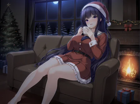indoors,parted lips,christmas,santa hat,santa costume,frilled dress,fireplace,living room,gift,christmas tree,christmas lights,winter,escude,breasts,long hair,large breasts,black hair,purple eyes,very long hair,standing,indoors,blush,smile,<lora:Kagami_Shura_-_Illustrious:1>,barefoot,school outfit,looking at viewer,window,moonlight,night,on back,sitting,cup,tea,drinking,on couch,facing fireplace,warming,, masterpiece,best quality,amazing quality,