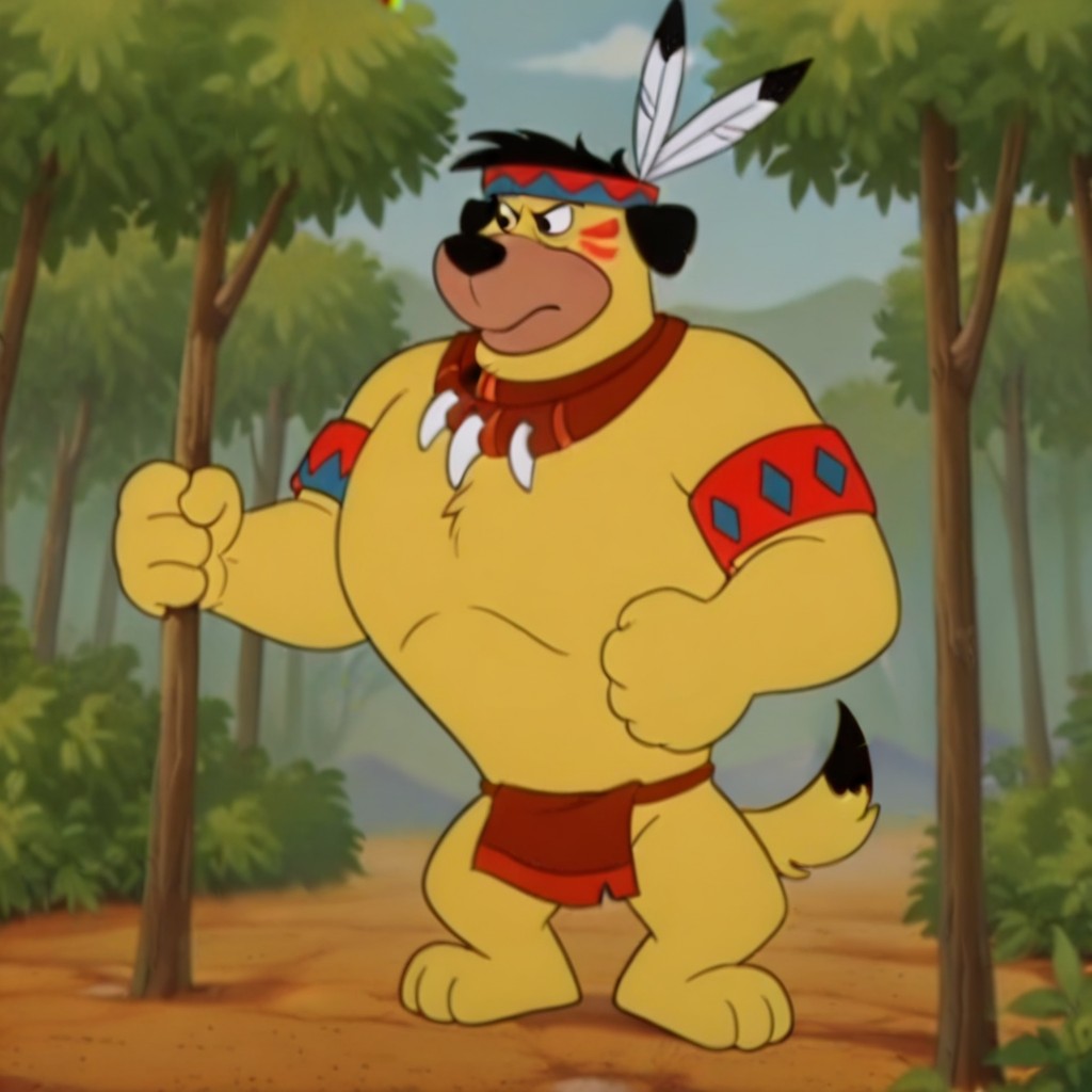 masterpiece, best quality, amazing quality, ChuckChipilv2, semi-anthro, male, dog, yellow fur, black eyes, black ears, black hair, red and blue headband, feathered headband, armbands, brown loincloth, brown necklace, red face paint, tail, standing, in forest, solo, 1boy, white feathers, <lora:666f27c9-8813-4fe3-8fe5-255e1389dadc:1.0>