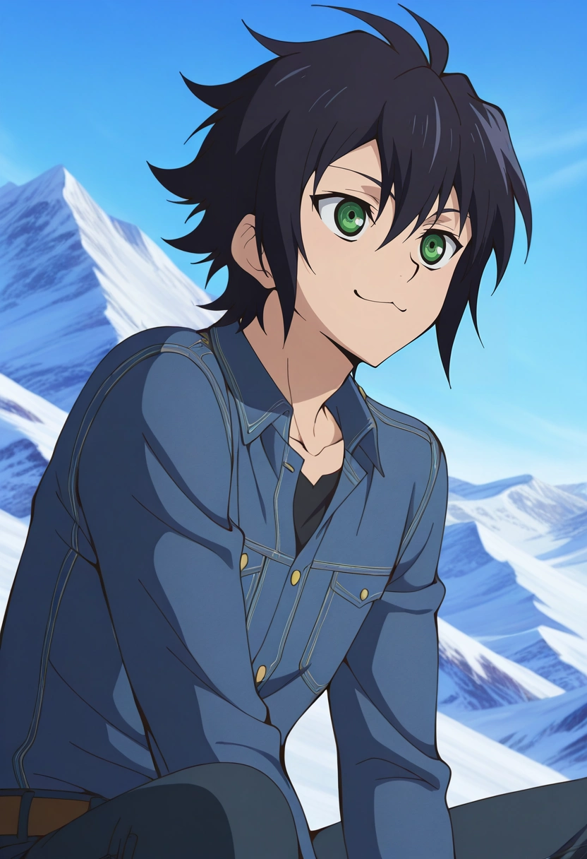 masterpiece, best quality, , anime screencap, , official style, , 1boy, solo, male focus, <lora:yuuichirou_hyakuya_ilxl:0.98>, yuuichirou_hyakuya, black hair, green eyes, short hair, hair between eyes, , , asymmetrical, snowy mountain, noon, slouching, :\3, PoppyRed Chinos, Denim shirt, , ,