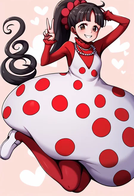 score_9, score_8_up, score_7_up, score_6_up, score_5_up, score_4_up, source_anime, aaflampe, long hair, black hair, ponytail, brown eyes, small breasts, necklace, red shirt, polka dot dress, white dress, long sleeves, red pantyhose, <lora:charlotte_flampe_ponyxl_v1:0.9>, white footwear, round puffy dress, puffy dress, ball shape puffy dress, peace sign, smile,