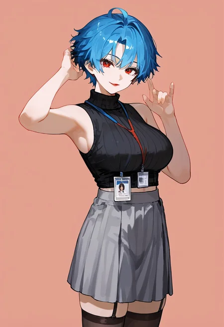 score_9, score_8_up, score_7_up,source_anime, high res image,masterpiece,best quality, simple background, rating safe
solo
cowboy shot,
seductive smile,
1girl, solo,
arms up
tomboy, Alain, blue hair, red lips, huge_breasts, red eyes,
ruanyi0897,black thighhighs,garter straps,turtleneck,id card,lanyard,grey skirt,crop top,black sleeveless sweater,long skirt,