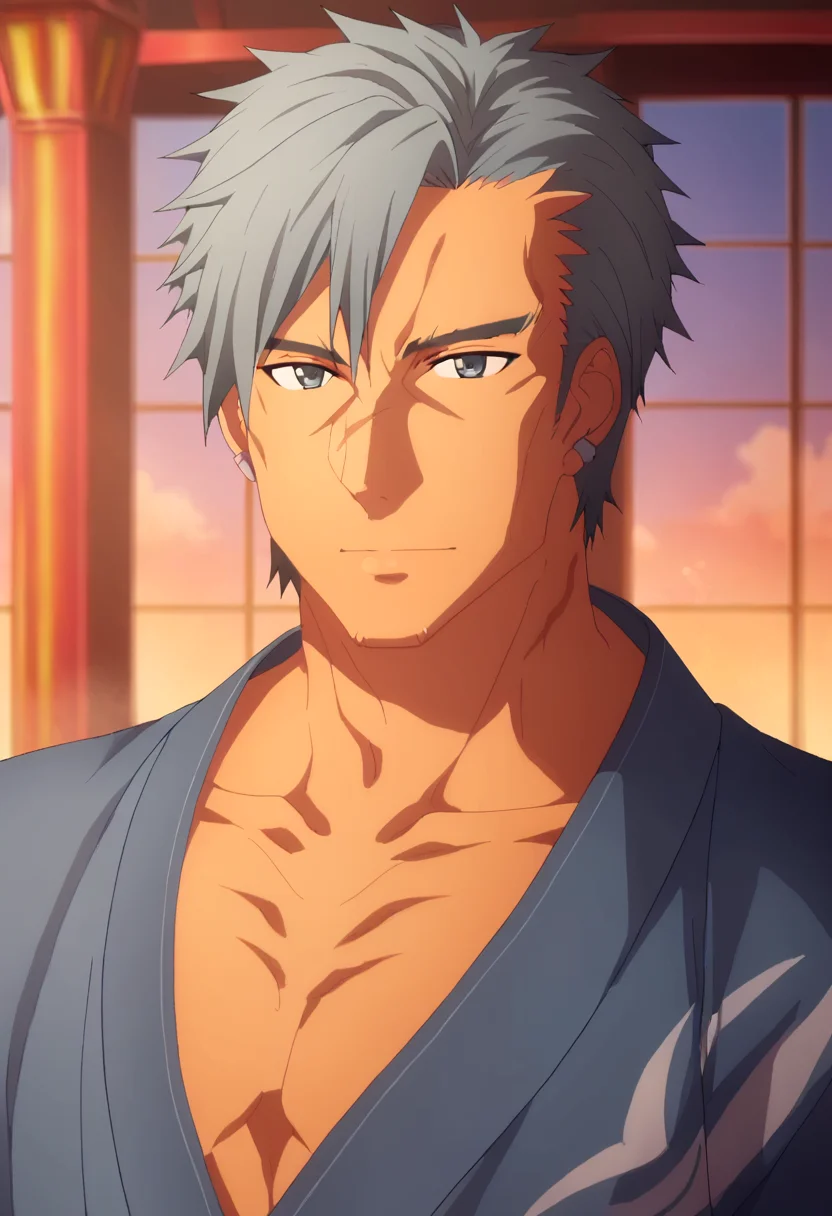 score_9, <lora:Bercouli_Synthesis_One:1> bercouli synthesis one, 1boy, bercouli synthesis one, earrings, grey eyes, grey hair, japanese clothes, jewelry, male focus, pectoral cleavage, portrait, scar, short hair, solo, sunset