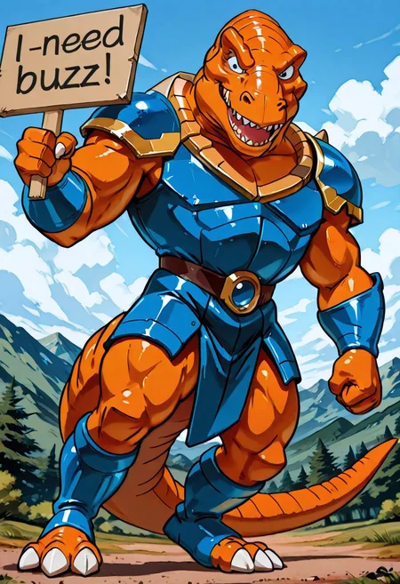score_9, score_8 up, score_7, 8K, In'ei, traditional animation cel, perfect depth of field shot, beautiful, sharp focus, crisp details, 90s animation, masterclass animation, photographic realism, source_anime, orange tyrannosaurus rex-anthro wearing blue roman armor, roman centurion armor, gladiator armor, blue chest armor, blue stomach armor. need_buzz, holding sign,
orange tyrannosaus-rex anthro, dinosaucers, extreme dinosaurs, muscular, dinosaur, trex, blue lorica musculata, blue Pteruges, blue roman armor skirt, blue greaves, blue bracers, gold trim on armor, perfect proportions, long tail, orange skin, orange scales,
exterior, detailed anime sky with clouds, standing in battle-ready pose, nature, in the style of the cartoon Dinosaucers, 80s cartoon, punch, black linework with flat anime color, heroic pose, smiling, three toes per foot