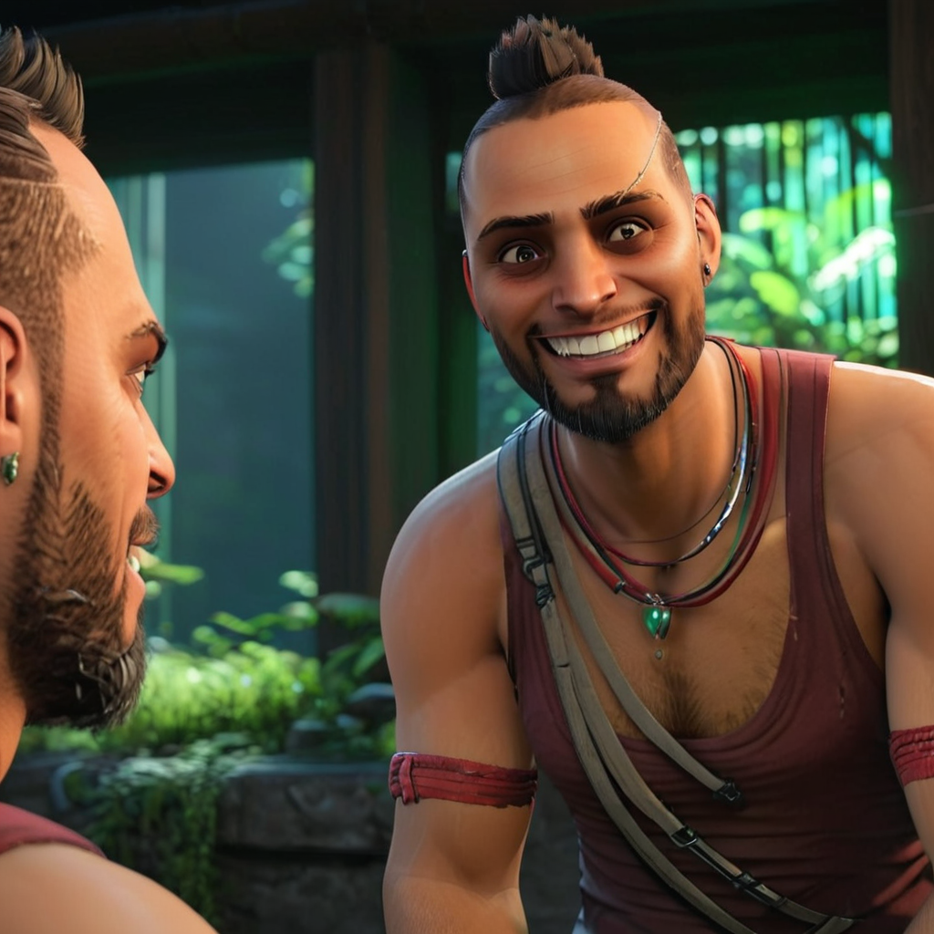 masterpiece,8k,absurd resolution, <lora:farcry_xl:0.81>,
farcry,vaash, 1boys, male focus, facial hair, jewelry, necklace, muscular, beard, meme, black hair, tank top, dark skin, dark-skinned male, chest hair, muscular male, smile, parody, looking at another, grin, teeth, pectorals,Michael james Smith's matte painting, reflection, cg rendering, volume light, space art, bioluminescence, unreal engine 5, magic of light, unreal engine rendering, super wide angle, super wide angle, high definition**