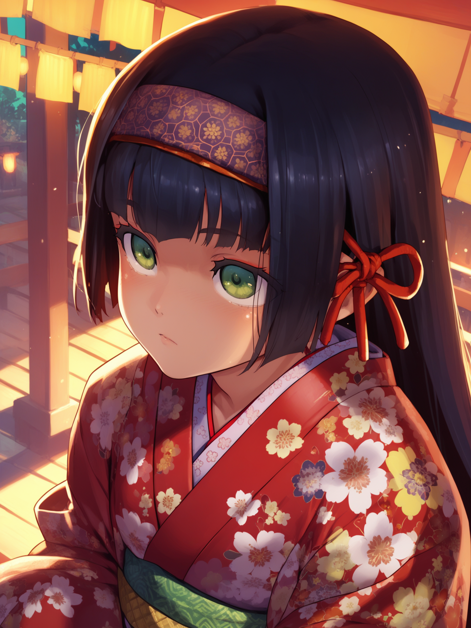 <lora:happy_tentacle-renge-v0.2-000016:0.9>, ht_renge, japanese clothes, kimono, floral print, headband, hair ribbon, summer festival , 1girl, solo, upper body , wide-eyed , ( exhausted :1), , looking up , , , score_9, score_8_up, score_7_up, score_6_up, score_5_up, score_4_up