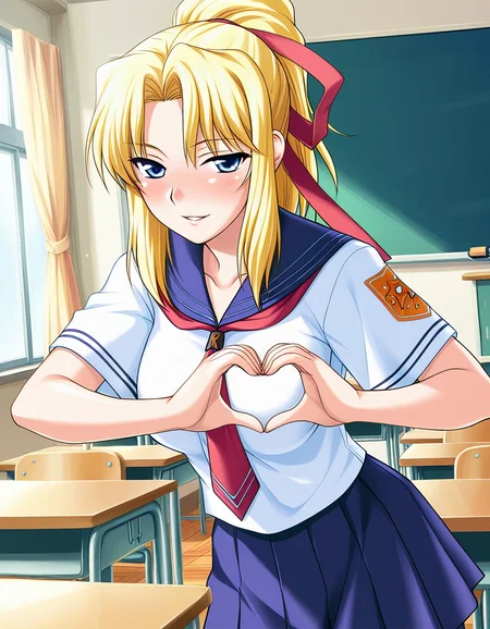 masterpiece, best quality, amazing quality, very aesthetic, absurdres, official art, ultra detailed,
1girl, solo, kiriya_erika, blonde hair, blue eyes, long hair, hair ribbon, ponytail,
school uniform, serafuku, skirt BREAK
blush, seductive smile, parted lips, looking at viewer,
standing, heart hands,
in classroom, cowboy shot, sharp focus, depth of field, highly detailed
<lora:kiriya erika v1.0-000017:1>