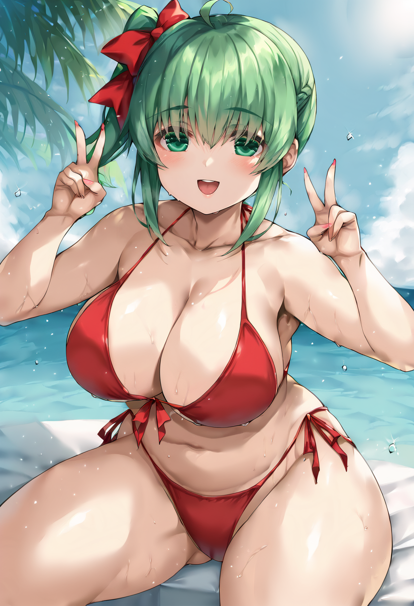 score_9, score_7_up,  1girl, 
huge breasts, wide hips, thick thighs, nail polish, green eyes, one side up, side-tie bikini bottom, bikini, open mouth, solo, looking at viewer, red bow, curvy, alternate breast size, teeth, collarbone, plump, shiny skin, pink nails, thighs, cleavage, sitting, short hair, v, bow, double v, smile, breasts, upper teeth only, ahoge, hair bow, aged up, red bikini, blush, swimsuit, navel, side ponytail, green hair, :d
 <lora:morizono_shiki-Style-PonyXL-GLoRA:1>