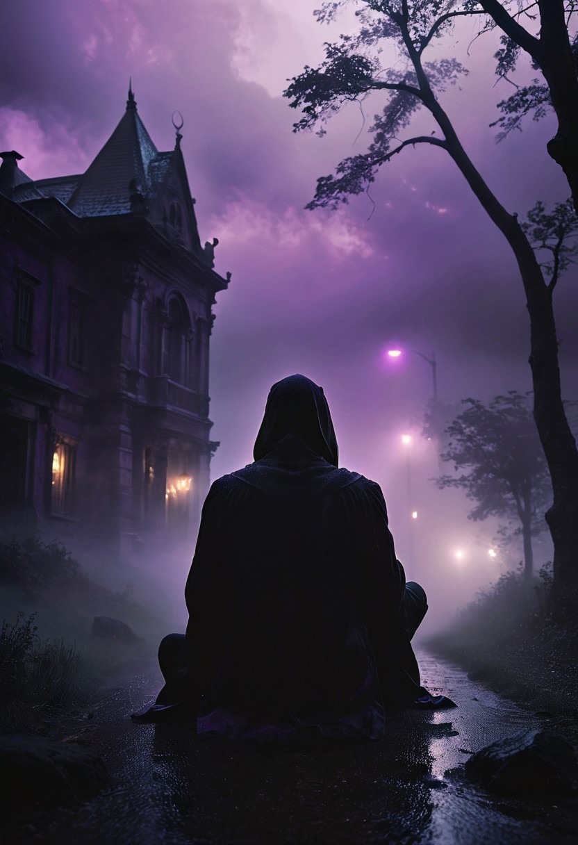 sadness, depression, solid black creature sitting atop a forlorn hill, all alone, no one listens, fog, rain, demons around the corner, poison, 4k quality, masterpiece, darkness, glowing eyes, ghosts swirl about teasing the afterlife that awaits, purple mist