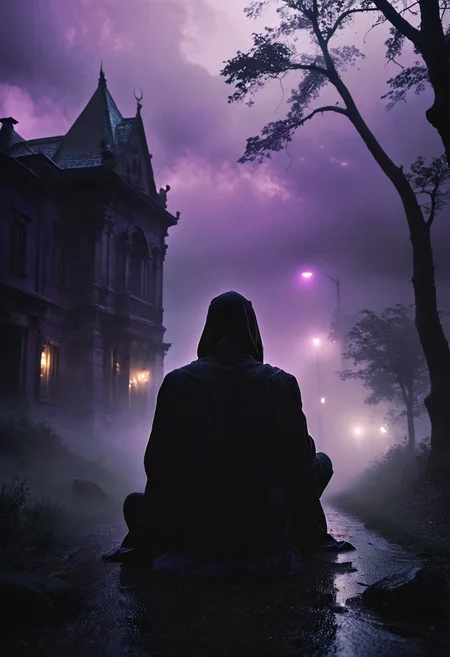 sadness, depression, solid black creature sitting atop a forlorn hill, all alone, no one listens, fog, rain, demons around the corner, poison, 4k quality, masterpiece, darkness, glowing eyes, ghosts swirl about teasing the afterlife that awaits, purple mist