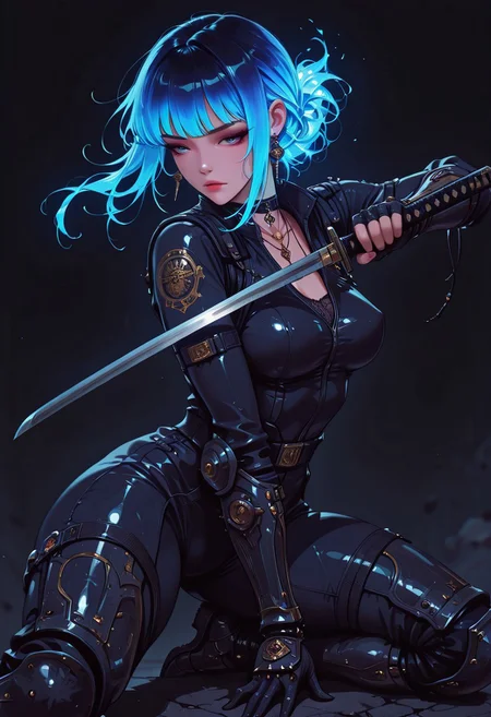 masterpiece, best quality, good quality, very aesthetic, absurdres, newest, 8K, depth of field, focused subject, in the style of cknc, artist:moriimee, in the style of cksc, BREAK side portrait of stunning Chinese woman, long bioluminescent, glowing hair, bangs, sidelocks, choker, necklaces, earrings, medium perky breasts ,skintight jumpsuit, greaves, vambraces, holding a katana in a battle-ready stance, dynamic pose, sexy, seductive, dark background, silhouetted, directional lighting, action shot