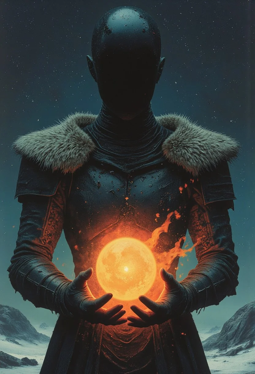 A shadow in the void, her hands hold the sky,
No face, no mercy, just a hollow black eye.
Stars scatter like ashes, caught in her grip,
She’s the end and beginning, the tightening slip.
Faceless goddess, dressed to kill,
A fur-lined queen in a cosmic still.
She births and burns, she turns the tide,
With a universe dying inside.
Her armor whispers, black as the night,
The weight of creation, a terrible might.
Fingers poised to crush what she gave,
A cradle to dust, a galaxy’s grave.
Twinkling stars in the chaos behind,
Colorful daggers in the blackest mind.
A camera’s gaze, locked, divine—
Level with power, destruction entwined.
Faceless goddess, dressed to kill,
A fur-lined queen in a cosmic still.
She births and burns, she turns the tide,
With a universe dying inside.
Wide and sharp, every detail sings,
The dark-turqoise and orange light bends low as the final bell rings.
She holds it close, her masterpiece undone,
A faceless goddess, eclipsing the sun.