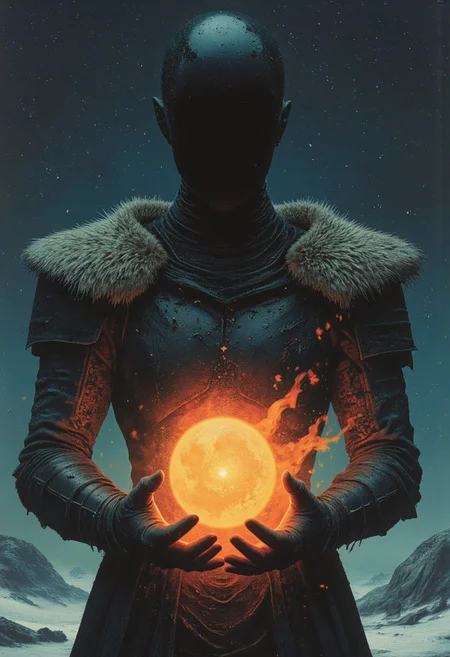 A shadow in the void, her hands hold the sky,
No face, no mercy, just a hollow black eye.
Stars scatter like ashes, caught in her grip,
She’s the end and beginning, the tightening slip.
Faceless goddess, dressed to kill,
A fur-lined queen in a cosmic still.
She births and burns, she turns the tide,
With a universe dying inside.
Her armor whispers, black as the night,
The weight of creation, a terrible might.
Fingers poised to crush what she gave,
A cradle to dust, a galaxy’s grave.
Twinkling stars in the chaos behind,
Colorful daggers in the blackest mind.
A camera’s gaze, locked, divine—
Level with power, destruction entwined.
Faceless goddess, dressed to kill,
A fur-lined queen in a cosmic still.
She births and burns, she turns the tide,
With a universe dying inside.
Wide and sharp, every detail sings,
The dark-turqoise and orange light bends low as the final bell rings.
She holds it close, her masterpiece undone,
A faceless goddess, eclipsing the sun.