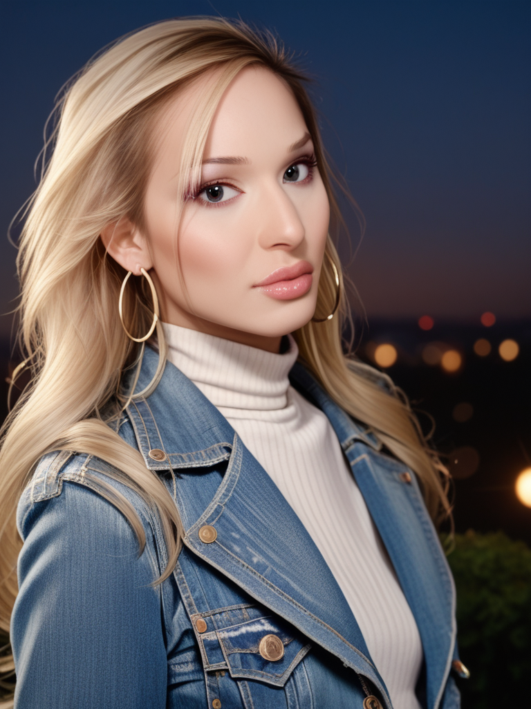 score_9, score_8_up, score_7_up, Khlo3H4rt, Khloe Hart, <lora:Khlo3H4rt-pony:1>, cinematic, ultra detailed, portrait, 1girl, makeup, lips, big hair, teased hair, blonde hair, big lips, wearing denim jacket, (popped collar), turtleneck sweater, hoop earrings, cityscape, 1980s, solo, looking at viewer, bokeh, focus, film, velvia, artistic, best quality, photograph, focus, face focused, magic hour, photography, warm light, sunset, movie still,
