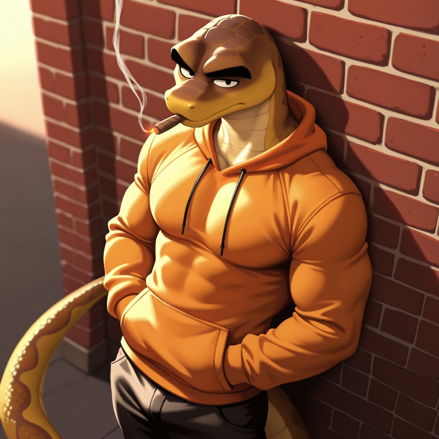 uncensored, masterpiece, best quality, highly detailed, realistic, 1boy, solo, MRSK, furry, anthro, scalie, snake, black eyebrows, black eyes, brown body, brown scales, yellow body, yellow scales, two tone body, two tone scales, orange hoodie, black pants, upper body, standing, closed mouth, looking at viewer, simple background, high-angle view, dutch angle, hands in pocket, smoking, cigar in mouth, leaning, leaning against wall, red brick wall, muscular male, tall male, mature male, medium tail, expressionless, dark area