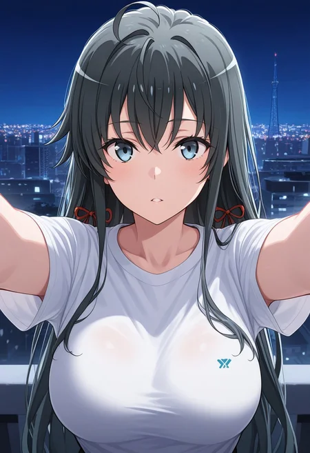 (Best quality , 8K , masterpiece) , Best illustration , Yukinoshita Yukino, 1girl, big breasts, white t-shirts, ((looking for viewers)), tower, night