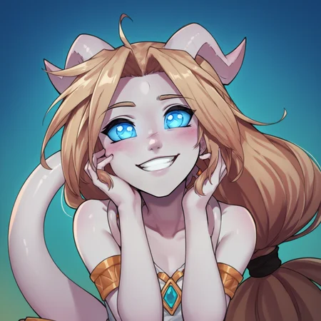 score_9, score_8_up, score_7_up, score_6_up, source_anime, best quality, masterpiece, colorful, very aesthetic, anime, BREAK <lora:Iridi:1> iridi, colored sclera, blue sclera, bright blue pupils, very long hair, blonde hair, low-tied long hair, horns, grey skin, tail, hooves, draenei tentacles, face closeup, hands on face, smile, looking at viewer, blush, simple background, clothed, flat face