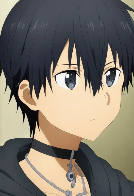 high resolution, solo, best quality, 1Boy, Kazuto Kirigaya, Black Hair, Black Eyes, bangs, necklace, choker, hair between eyes, Hoodie, OverallDetail