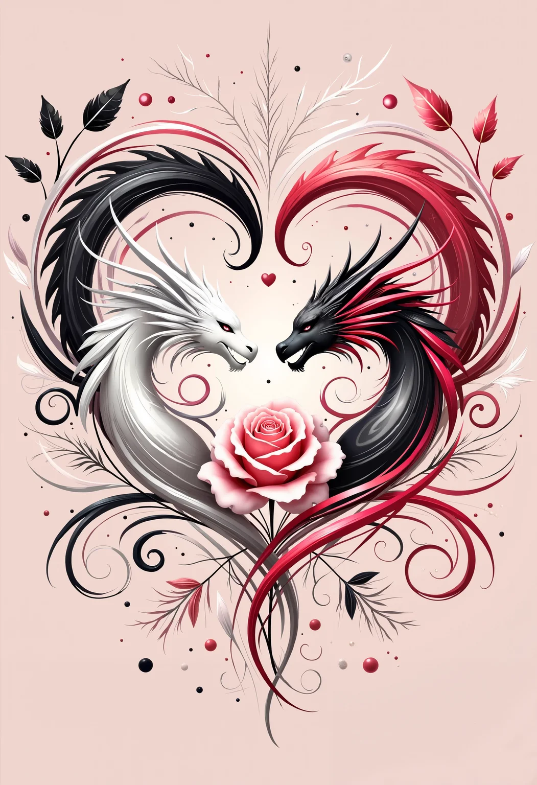 bo-romance, a digital artwork in a highly detailed, artistic style, it features two dragon-like creatures in the center of a heart-shaped composition, surrounded by intricate, swirling patterns in shades of white, black, and red, the dragon on the left has a long, flowing mane of black and white feathers, while the one on the right has a vibrant red and black mane, both creatures have sharp, angular claws and sharp teeth, and their eyes are closed in a serene, almost meditative state, the background is a soft, gradient pink, with subtle, abstract swirls and curves that create a sense of movement and energy, surrounding the heart are various floral elements, including a large, full-sized, pink rose with detailed petals and leaves, adding a touch of realism and fantasy to the composition, the overall color palette is dominated by soft, muted tones, with the dragon and rose standing out prominently against the neutral background, the artwork is rich in detail, with a smooth, almost glossy texture that enhances the realism and depth of the elements<lora:boFLUX Romance Abyss.safetensors:1.0:1.0>