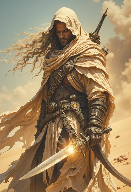 Desert nomad, flowing beige robes, veiled face, glowing dagger, sandstorm backdrop <lora:Elden_Ring_-_Yoshitaka_Amano.safetensors:1.0>, <lora:aiai-Glimra-Flux-Dev-v2.safetensors:0.5>, <lora:Movie_Portrait.safetensors:0.4>, <lora:- Flux1 - soothing_atmo_V2.0.safetensors:0.2>, <lora:lith_mimosa_kiel_grw134_FLUX.safetensors:0.35>, <lora:Instant camera portrait photography V2.0.safetensors:0.5>,